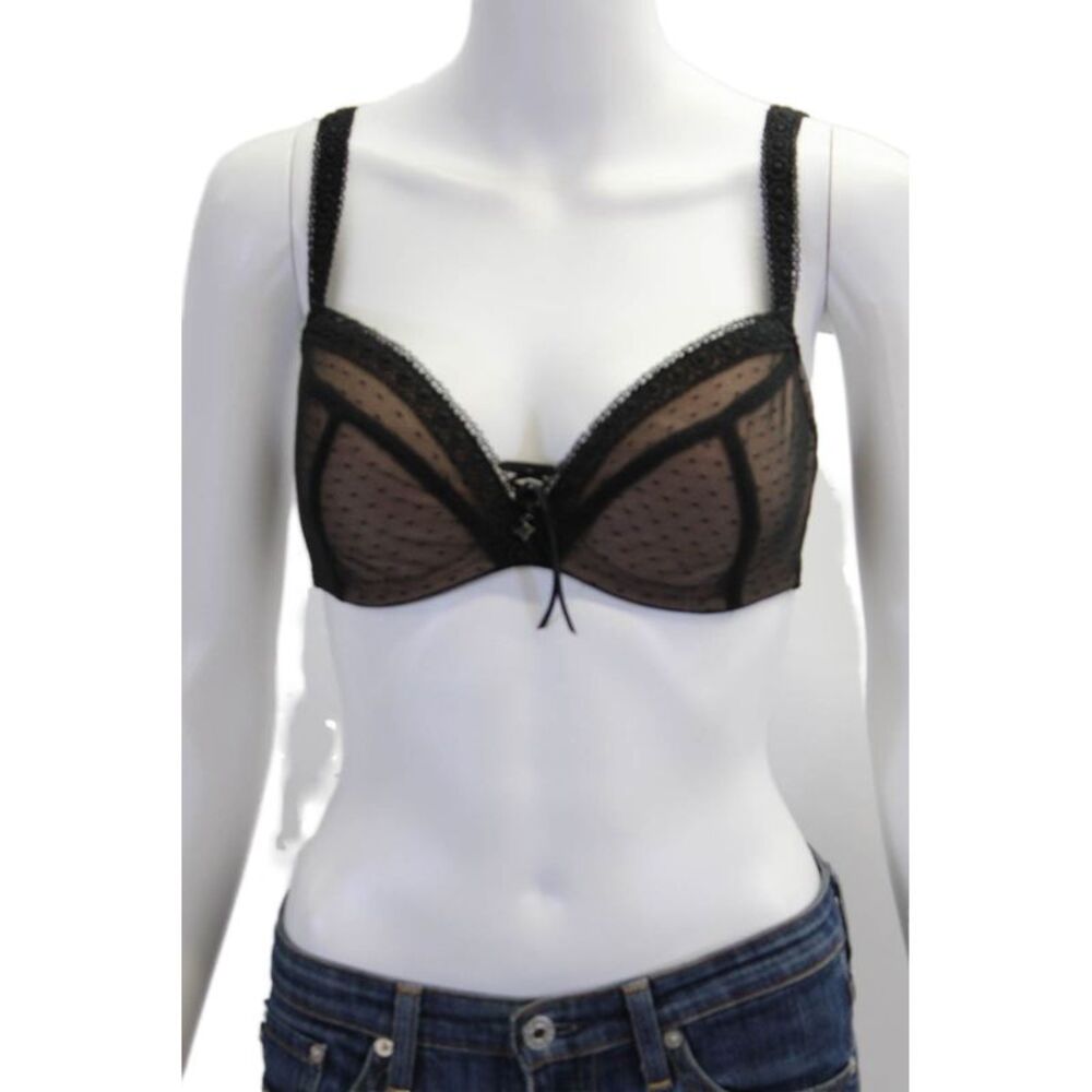 Masquerade Womens Polka Dot Lace Trim Croquette Balconette Bra Black Size 34G